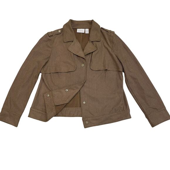 Chico’s 1 M Faux Suede Perforated Jacket | Mocha Chocolate Brown, Utility Moto - Picture 1 of 7